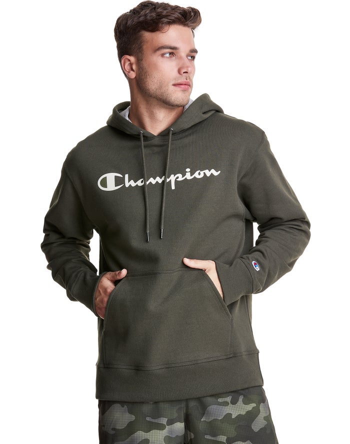 Champion Powerblend Fleece Script Logo Dark Green Hoodie Mens - South Africa GLKSHO876